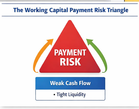 Figure: Working Capital Payment Risk Triangle — When receivables expansion, inventory buildup, and weak cash flow converge, supplier payment risk rises significantly. Working Capital payment risk triangle